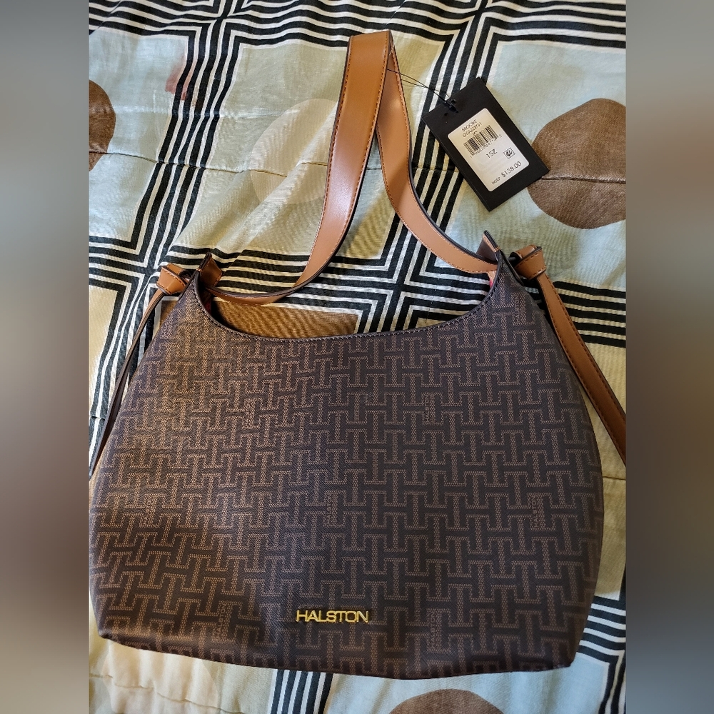 Halston Heritage Tan and Brown Geometric Shoulder Bag